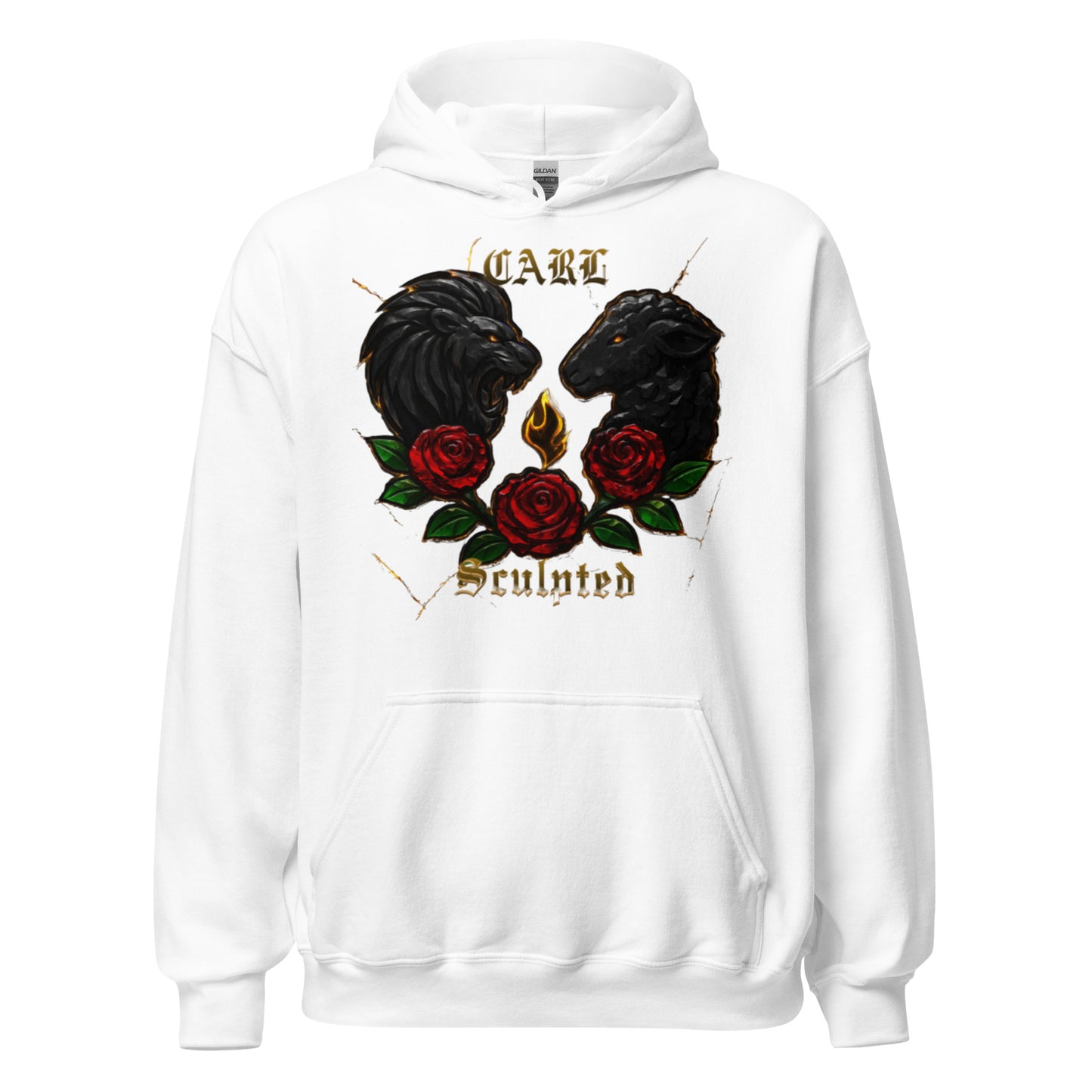 White hoodie with black sheep, red roses, and gold text design on a white background