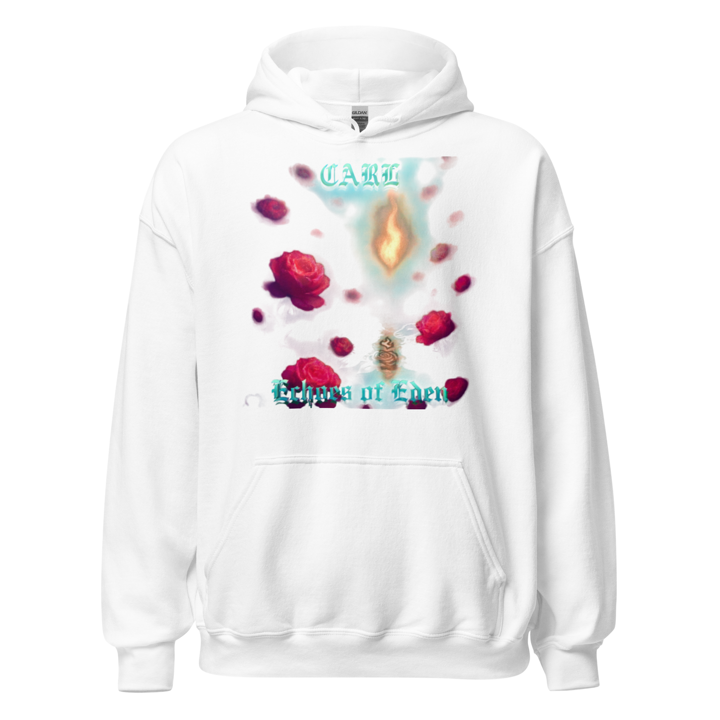 White hoodie with floral design and text on a white background
