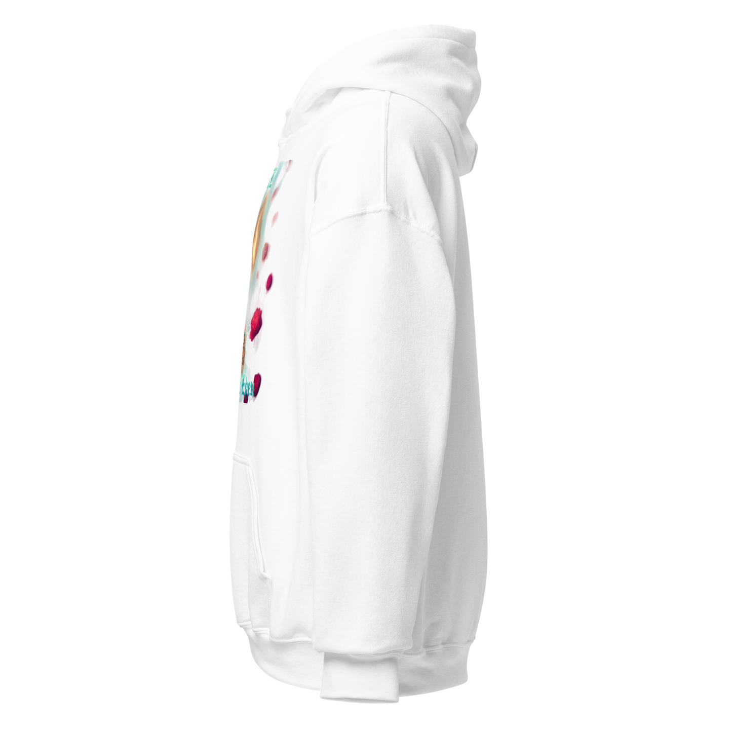 White hoodie with blue branding on a white background