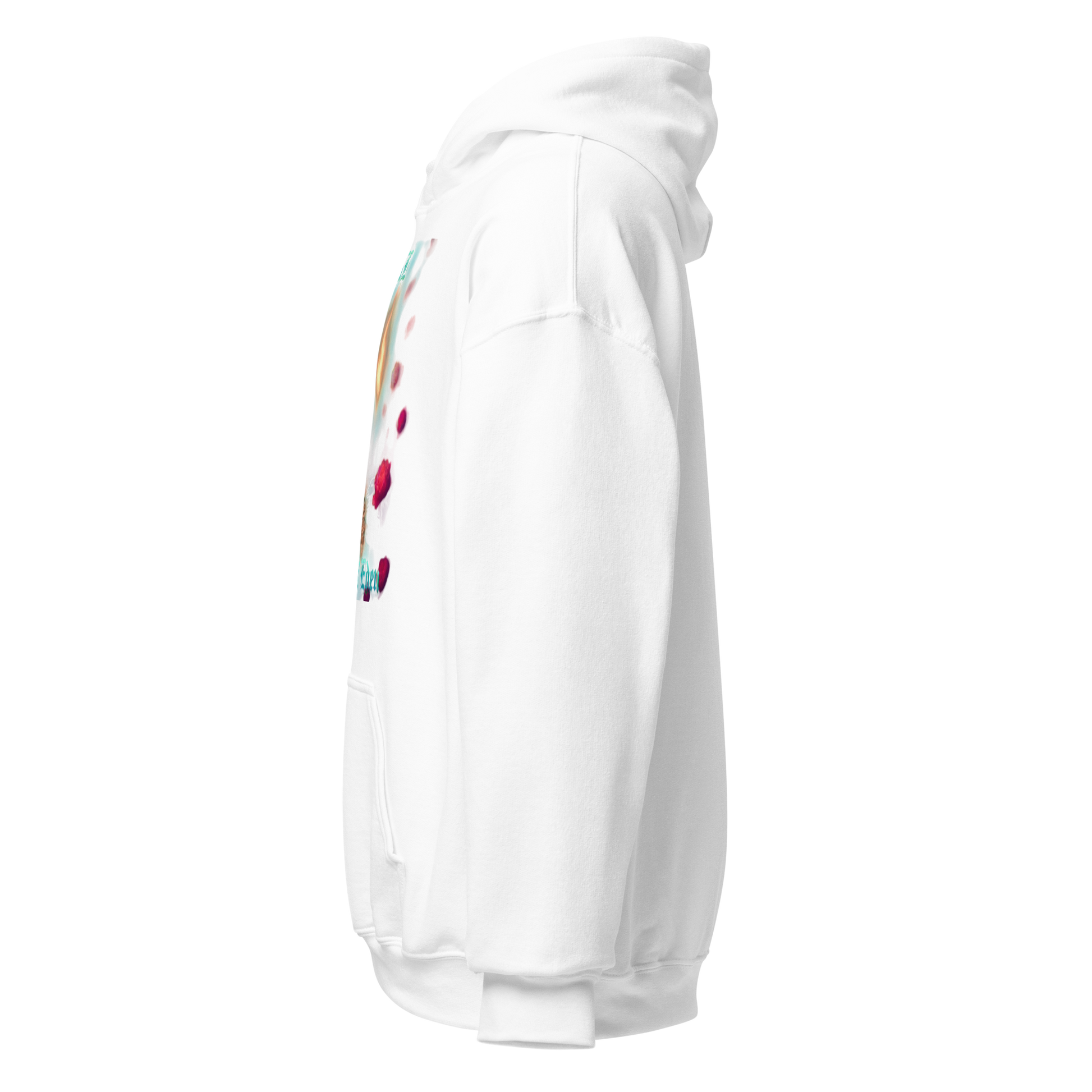 White hoodie with blue branding on a white background