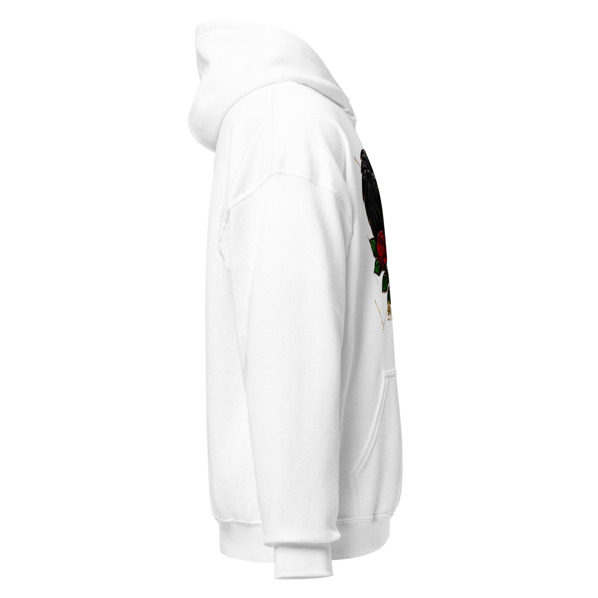 White hoodie with a graphic design on the sleeve against a white background