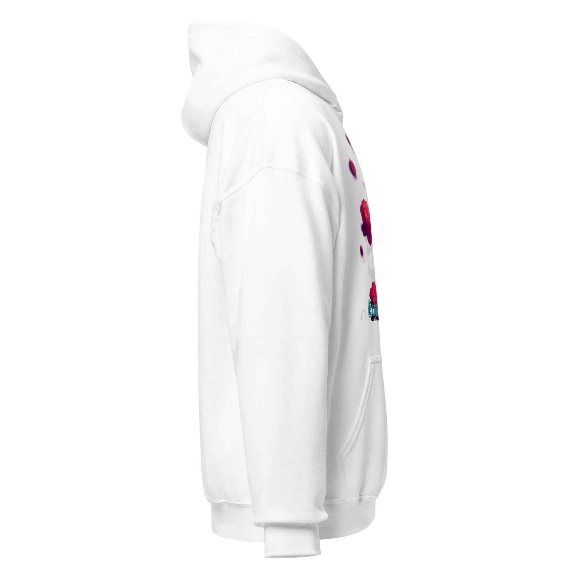 White hoodie with colorful graphic on sleeve against a white background
